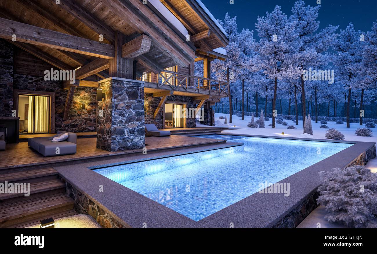 réalisation en 3d d'un chalet moderne et confortable avec piscine et parking à vendre ou à louer. Belles montagnes forestières en arrière-plan. Colonnes à poutres en bois massives. COO Banque D'Images