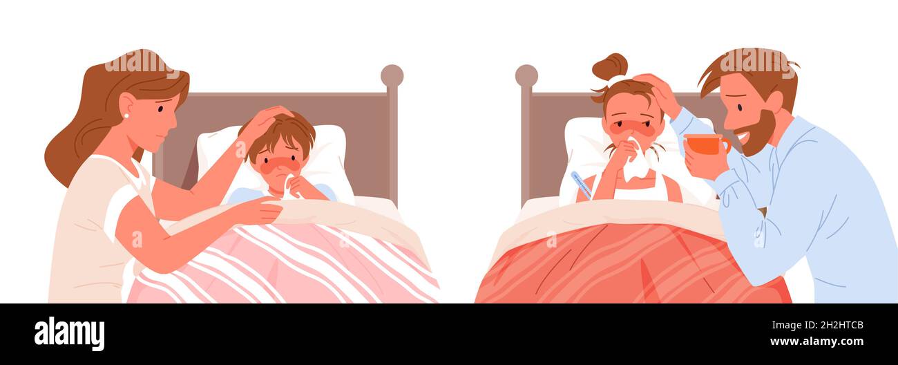 Personnage de père de dessin animé assis à côté de son fils avec fièvre froide, mère et fille malade isolée sur blanc.Enfant malade allongé dans le lit à la chambre à coucher, chi Illustration de Vecteur