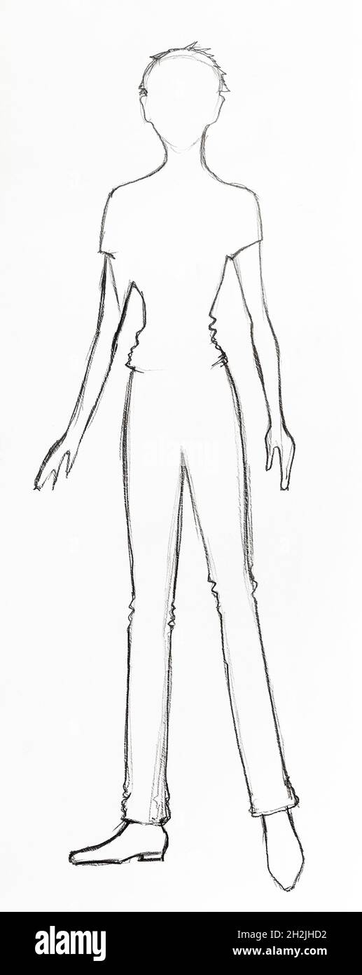 Contour de la silhouette à la mode de femme des années 90 du XX siècle  dessiné à la main avec un crayon noir de graphite sur papier blanc Photo  Stock - Alamy