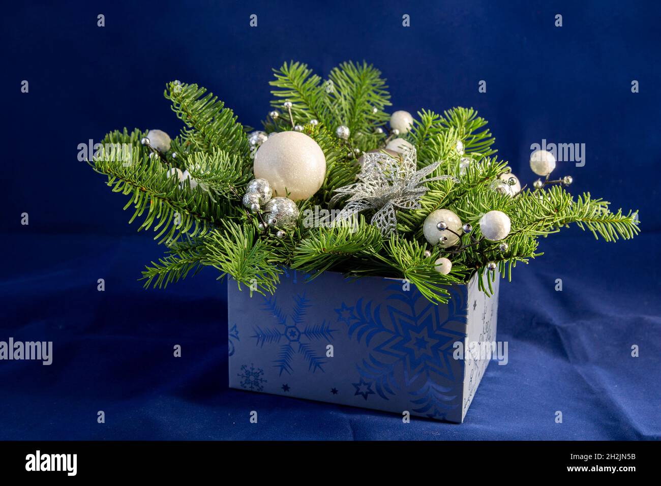 Composition de Noël avec des conifères en chapes et des boules blanches dans une boîte bleue sur fond bleu. Banque D'Images