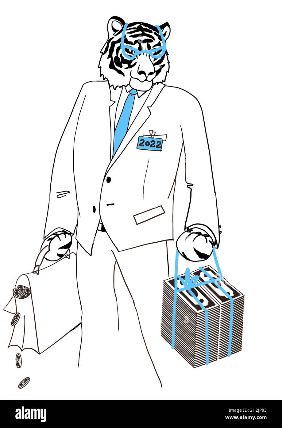 Un homme d'affaires sérieux et riche en tigre a apporté de l'argent.Le symbole de 2022.Dessin linéaire sur fond blanc.Carte de vœux du nouvel an Banque D'Images