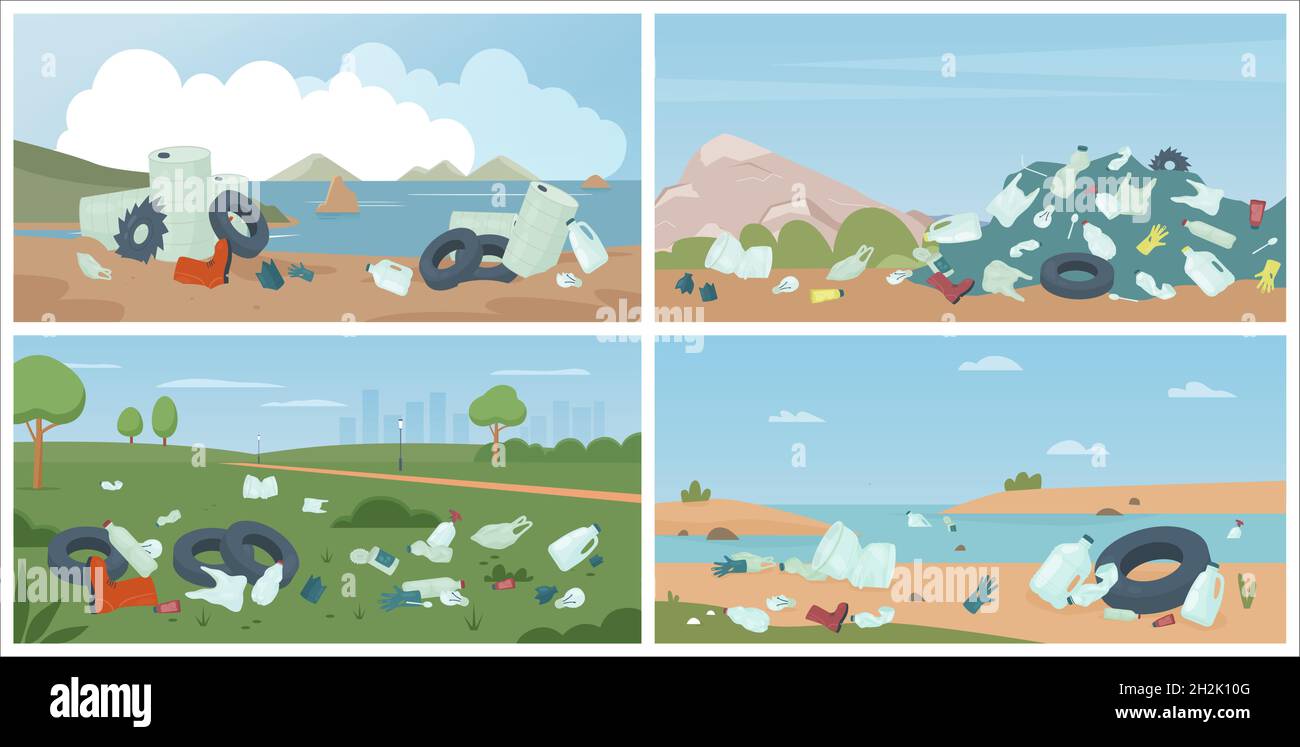 Plage avec déchets, environnement de nature sale définir illustration pollué de dessin animé de parc de ville d'été, de rivière océan ou de la côte de mer avec le problème de Plage avec déchets, environnement de nature sale définir illustration pollué de dessin animé de parc de ville d'été, de rivière océan ou de la côte de mer avec le problème de
