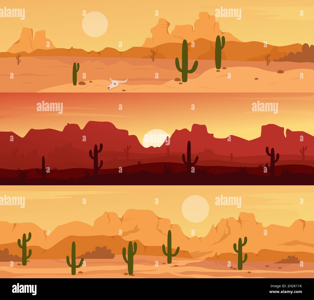 Scène de paysage désertique avec cactus au coucher du soleil définir l'illustration vectorielle.Montagne de dessins animés paysage naturel horizontal sauvage avec plantes sèches, canyon de roche et cactus, soleil chaud dans fond de ciel Illustration de Vecteur