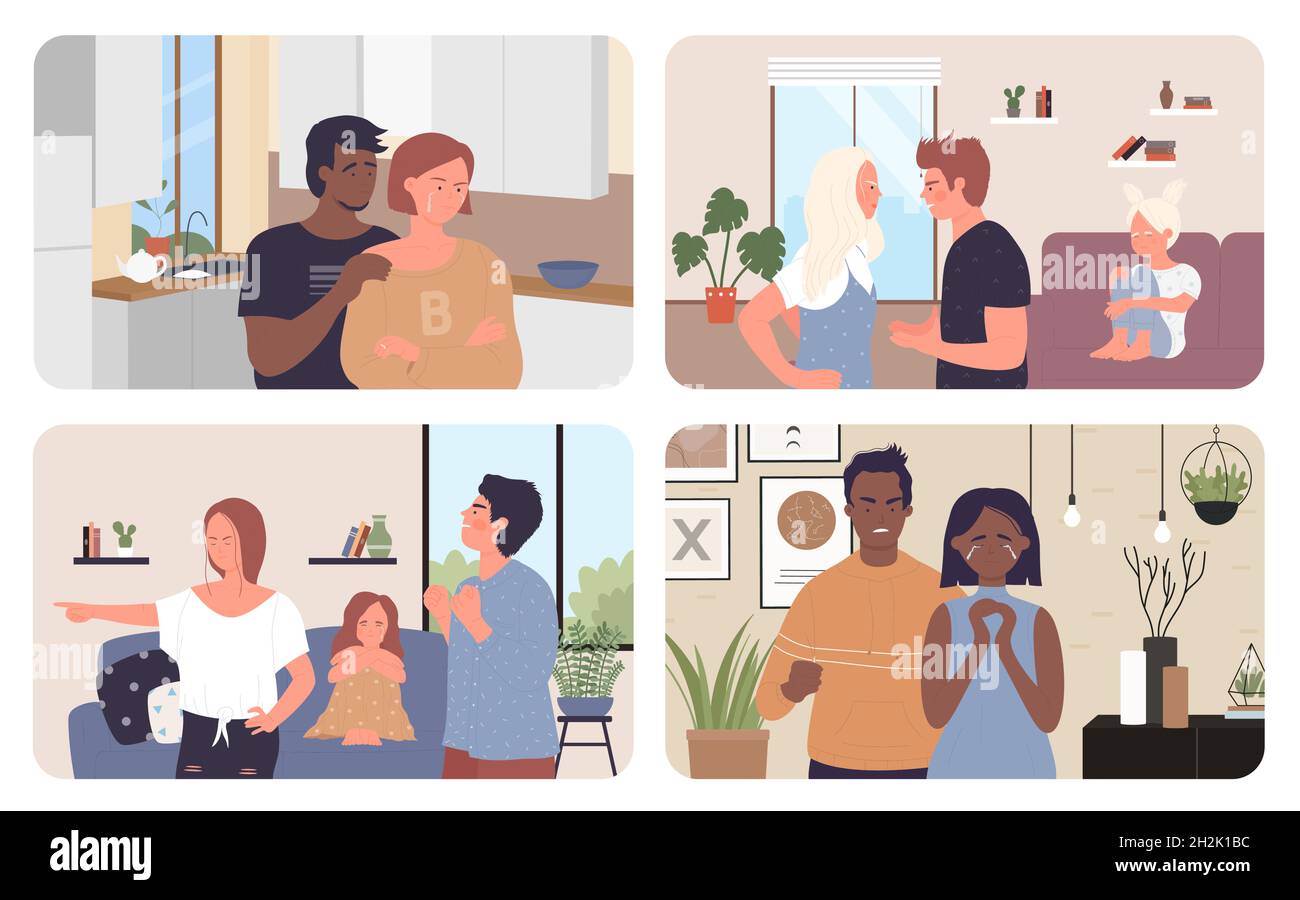 Illustration du vecteur de jeu de quarelle de famille.Bande dessinée Angry mari et femme quereling, enfant pleurant à cause du conflit, homme réconfortant la fille triste avec des larmes dans les yeux.Problème de divorce contexte du concept Illustration de Vecteur