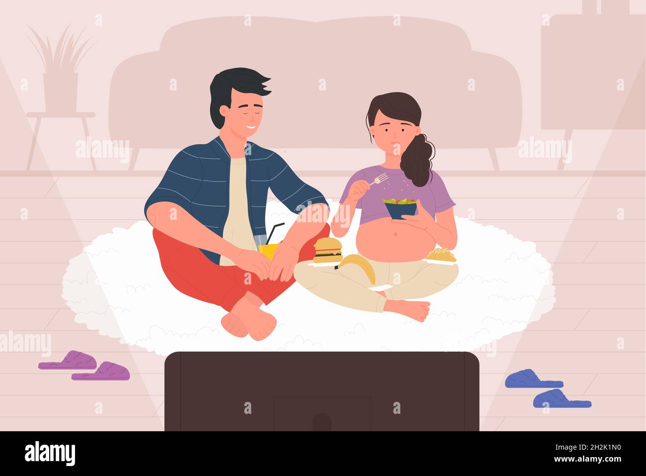 Femme enceinte et mari regardent des séries tv ou des illustrations vectorielles de film.Couple de dessin animé, homme femme personnages assis sur le tapis de la maison, future mère avec le ventre manger.Concept « Happy Family time » Illustration de Vecteur