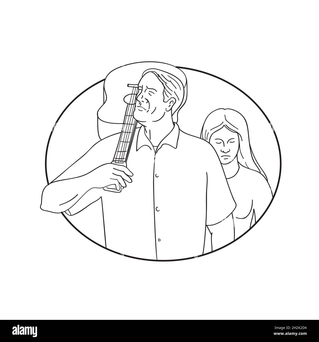 Musicien ou guitariste avec Guitar on Shoulder et Sad Woman Line Drawing Banque D'Images