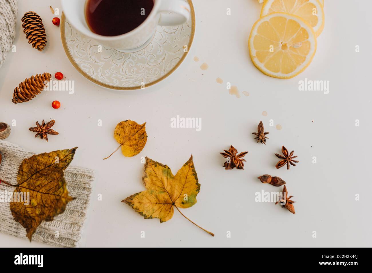 Thé renversé et tasse de thé avec citrons, anis, feuilles, acornes Banque D'Images Thé renversé et tasse de thé avec citrons, anis, feuilles, acornes Banque D'Images