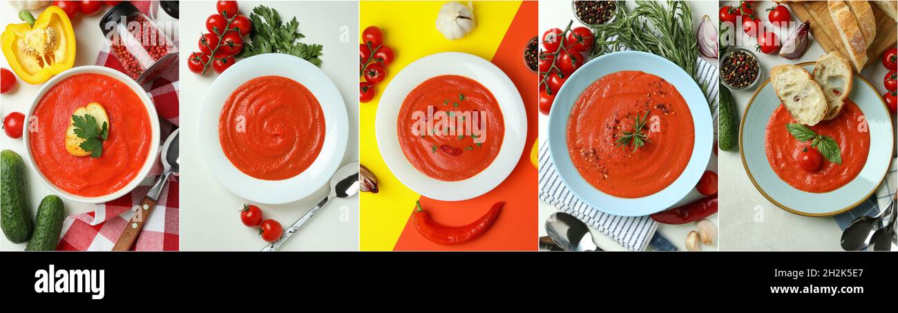 Collage de plats délicieux avec soupe à la tomate. Collage de soupe à la tomate, plat chaud fait maison avec des tomates fraîches, déjeuner sain Banque D'Images
