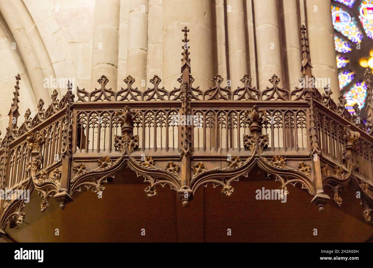 Détail de la chaire en bois, cathédrale Saint-Pierre, Genève, Suisse Banque D'Images