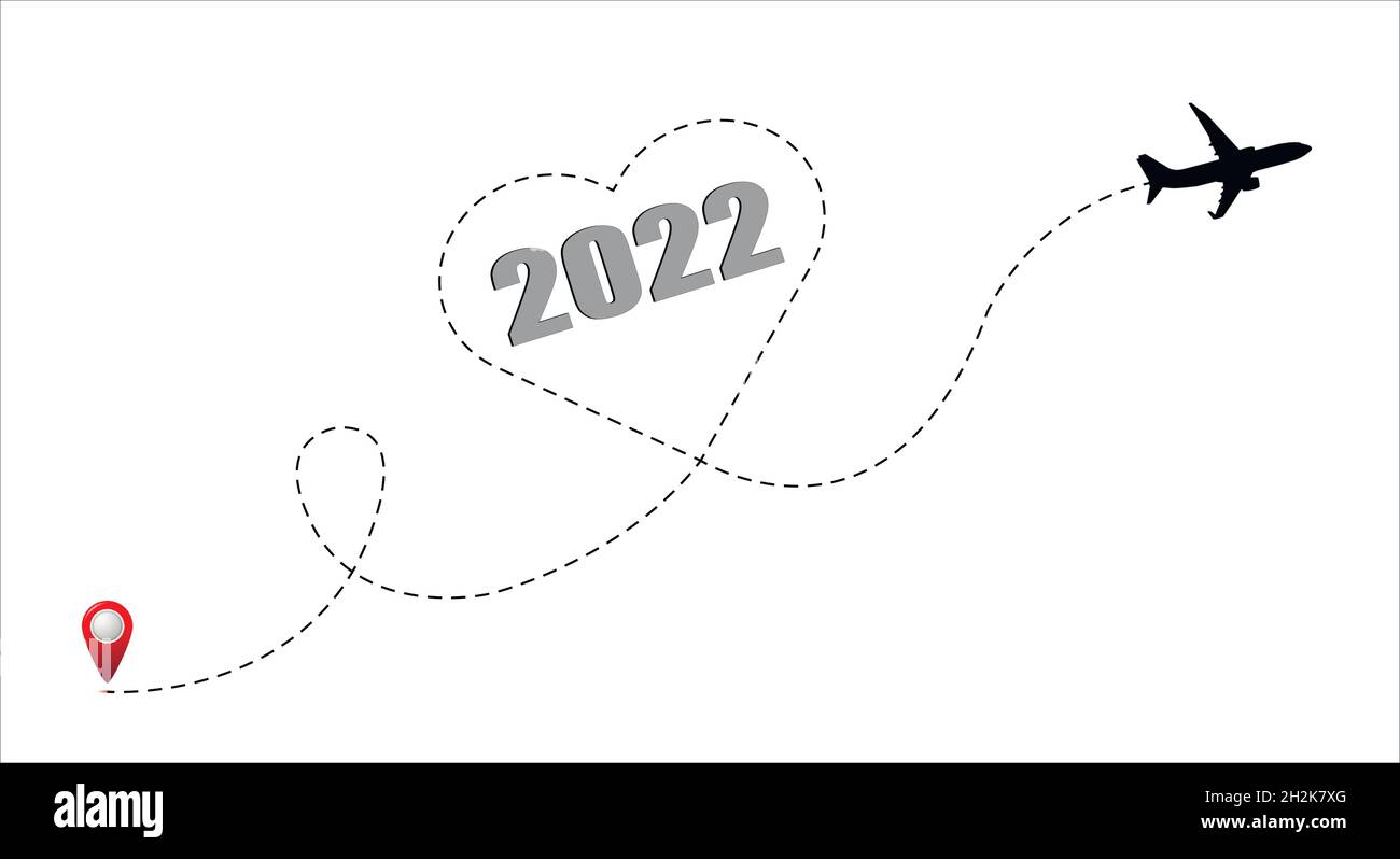 Vol en avion avec les numéros du nouvel an 2022 à l'intérieur du coeur.Voyagez le nouvel an. Illustration de Vecteur