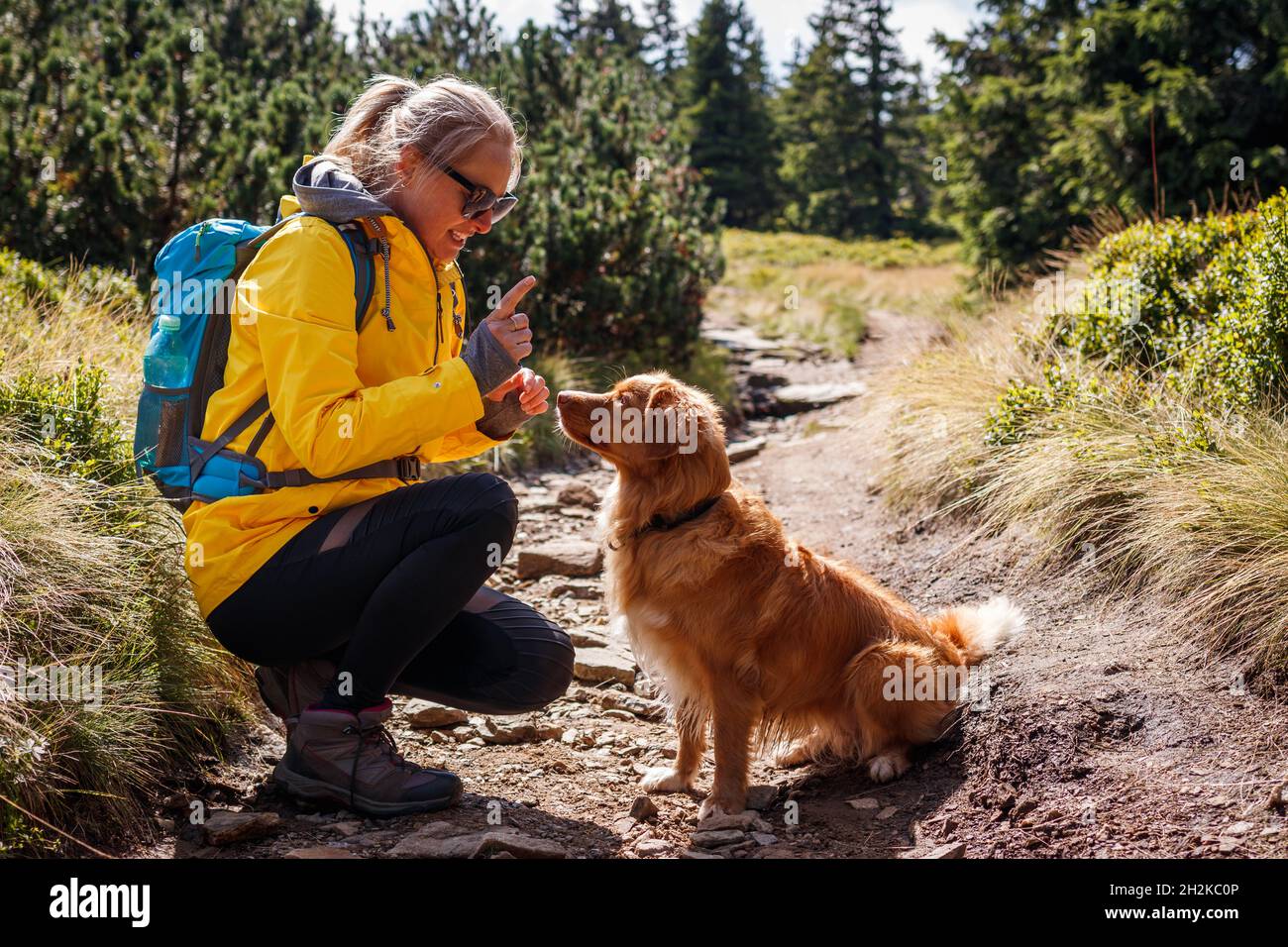 Femme en randonnée avec son chien à l'extérieur.Nouvelle-Écosse Duck Tolling Retriever avec le propriétaire d'animal de compagnie dans la nature.Femme souriante faisant l'entraînement d'obéissance à son dur de chien Banque D'Images