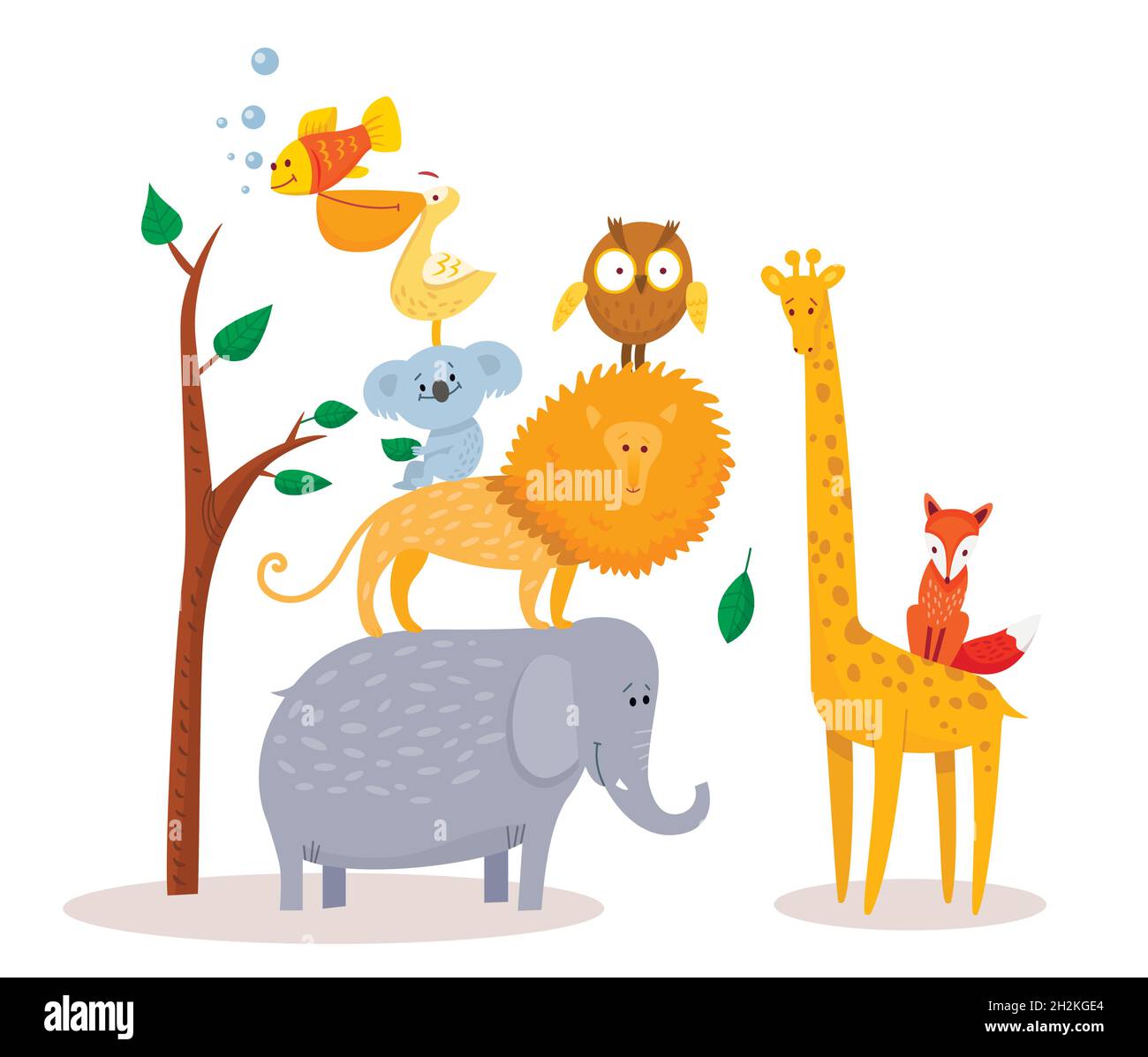 Mignon animaux de dessin animé drôle Lion, girafe, éléphant, renard hibou Illustration de Vecteur