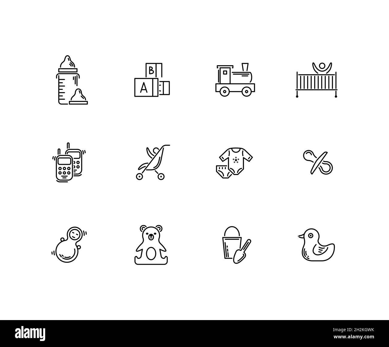 Jouets, repas et soins pour bébés Icons en ligne fine. Illustration de Vecteur