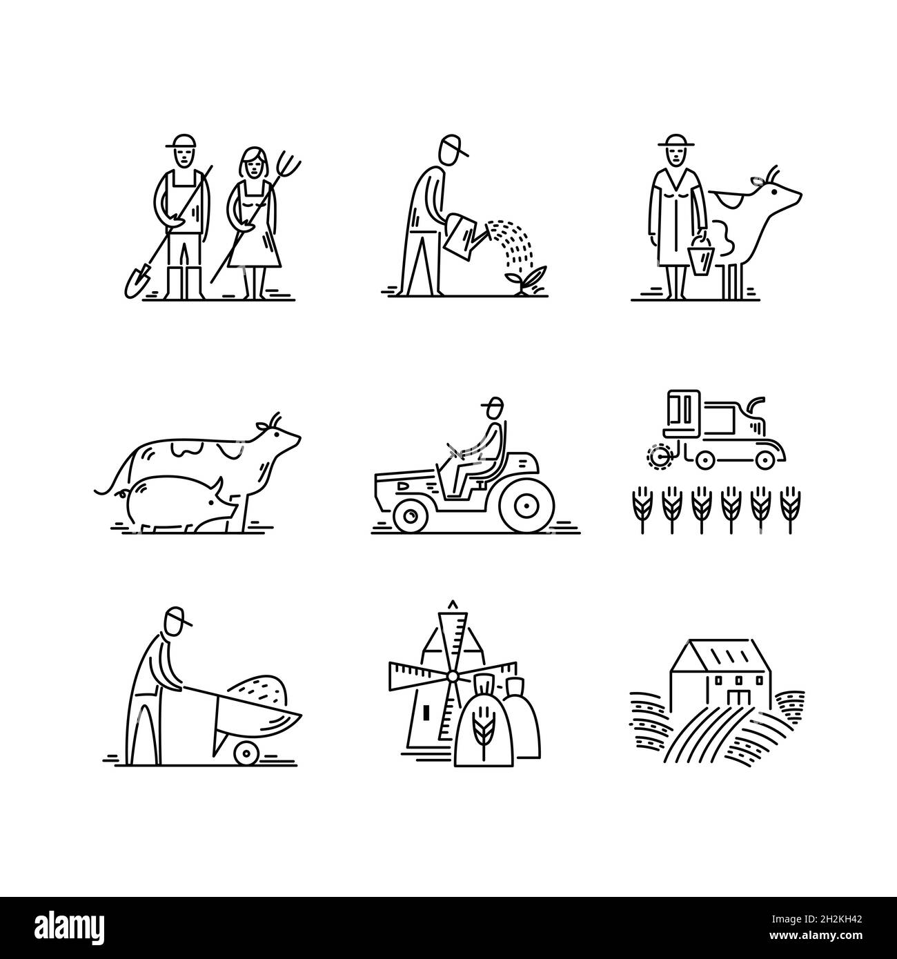 Icônes de ligne agriculture et agriculture symboles agronomiques, personnes, animaux, champ agricole, équipement agricole,transport du tracteur. Illustration de Vecteur