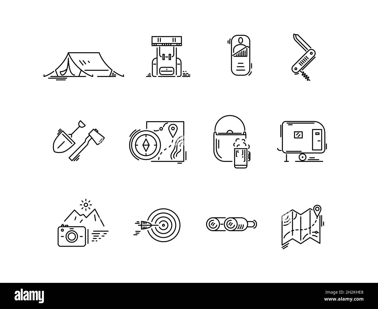 Icônes de ligne ensemble de tourisme de randonnée, camping Illustration de Vecteur