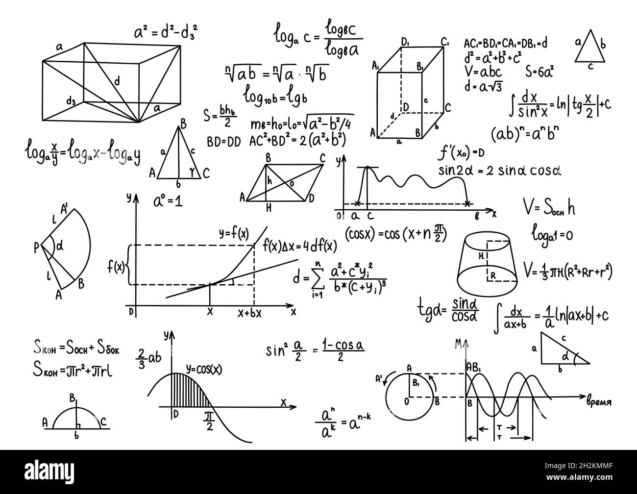 Formules géométriques dessinées à la main formation à la connaissance scientifique Illustration de Vecteur