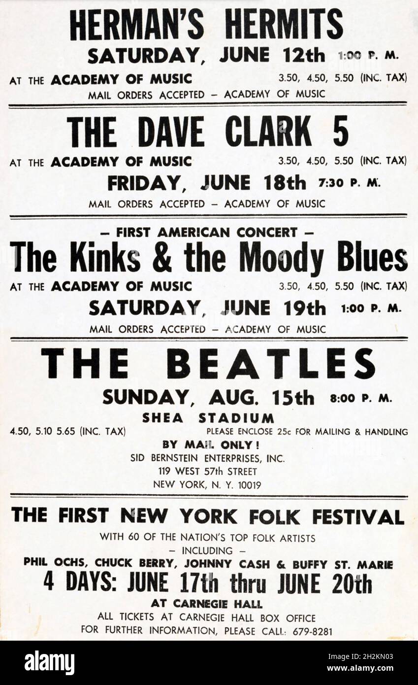 BRITISH POP INVASION 1965 listing He Beatles, Dave Clark 5, Kinks, Moody Blues, Herman's Hermites Banque D'Images