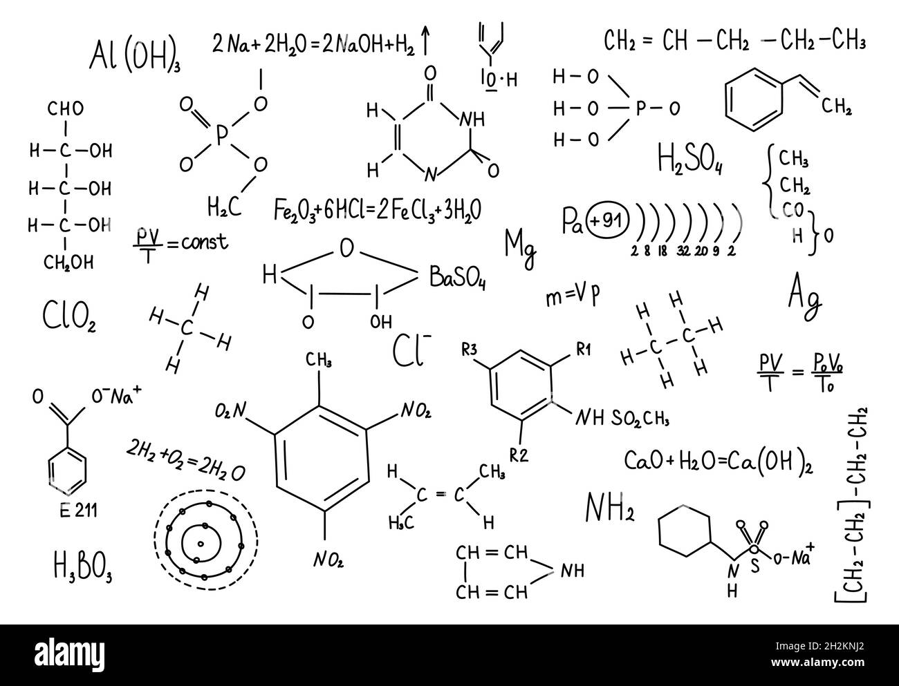 Formules de chimie dessinées à la main formation à la connaissance scientifique. Illustration de Vecteur