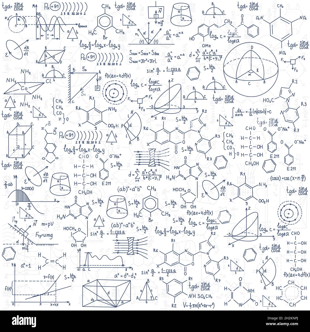 Formules de chimie dessinées à la main formation à la connaissance scientifique. Illustration de Vecteur