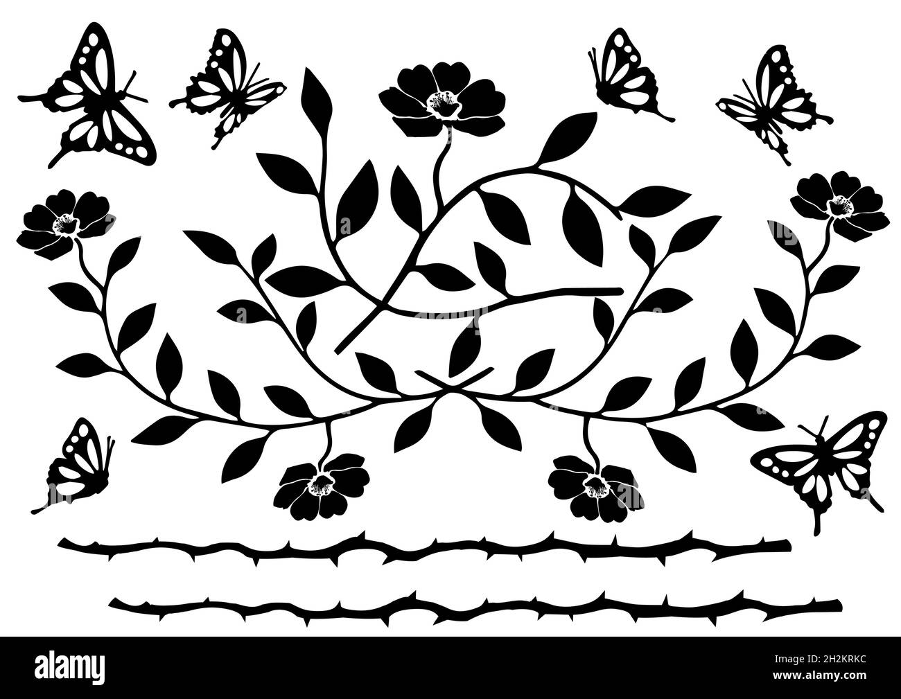 Fleurs, feuilles et papillons noirs.Élément romantique et décoratif, invitation vintage. Banque D'Images