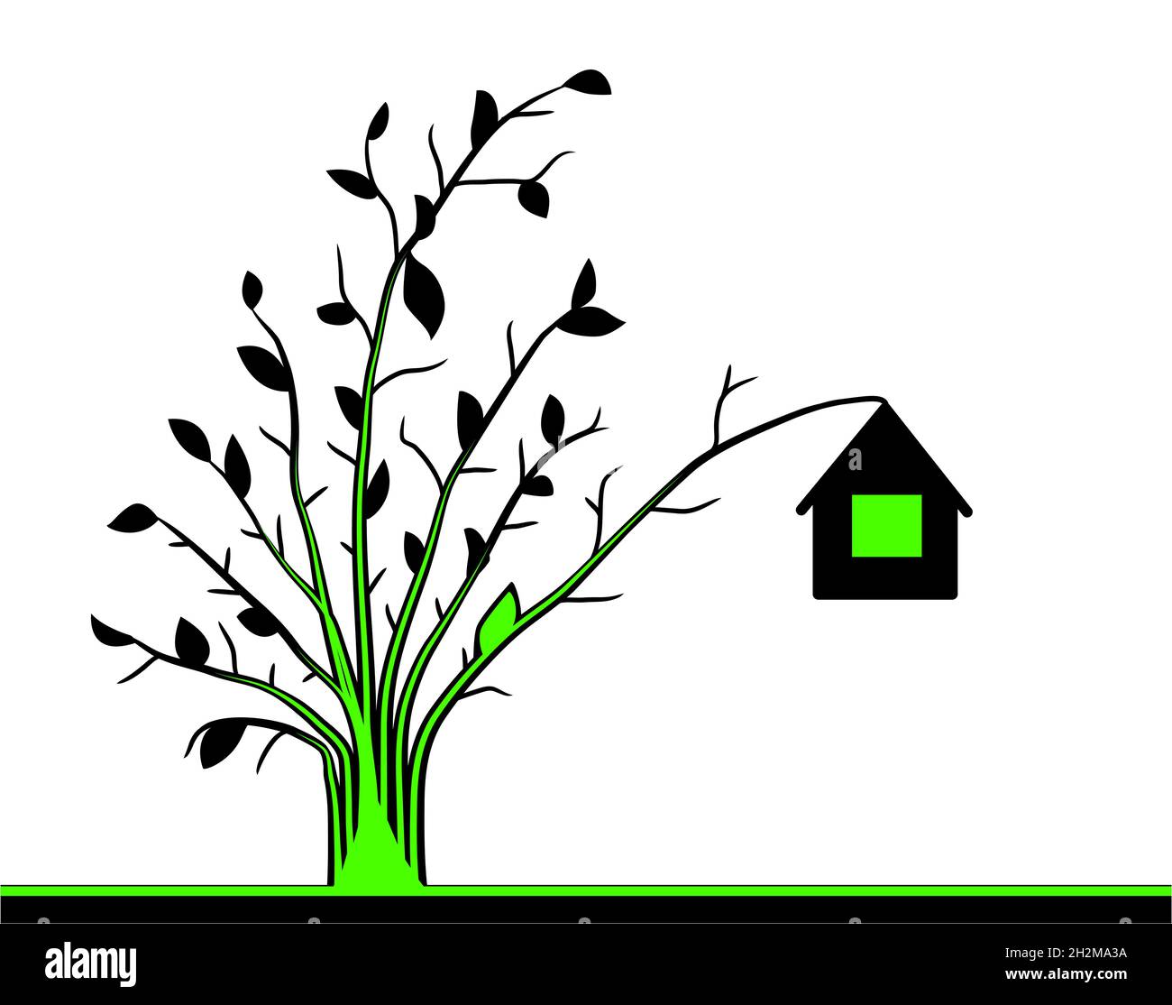 Maison fruit branche écologique vert scène silhouette dessin animé noir et couleur, illustration vectorielle, horizontale Illustration de Vecteur