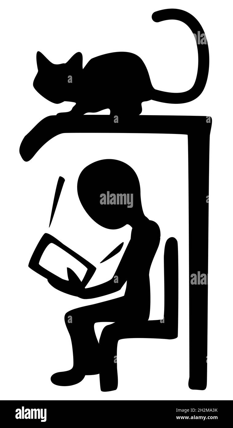 Lecture d'écran figure en attente avec chat sur le toit au-dessus, vecteur d'illustration symbole stencil noir, vertical, isolé Illustration de Vecteur