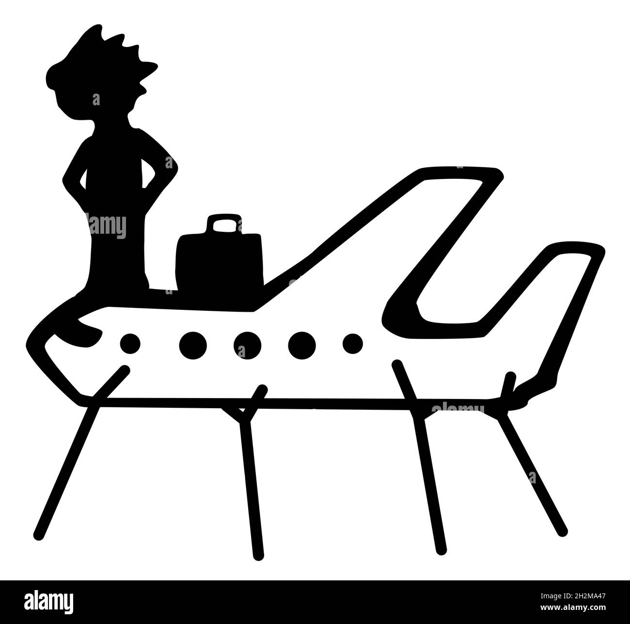 Avion sorti soutenu par des bâtons, passager avec bagages sur le dessus, symbole noir, illustration vectorielle, horizontal, isolé Illustration de Vecteur