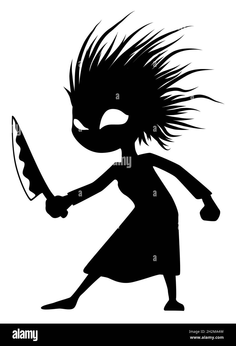 Coiffure femme mauvais cheveux figure agressive tenant grand couteau, drôle de dessin animé silhouette noire, illustration vectorielle, horizontale, sur blanc, isolé Illustration de Vecteur