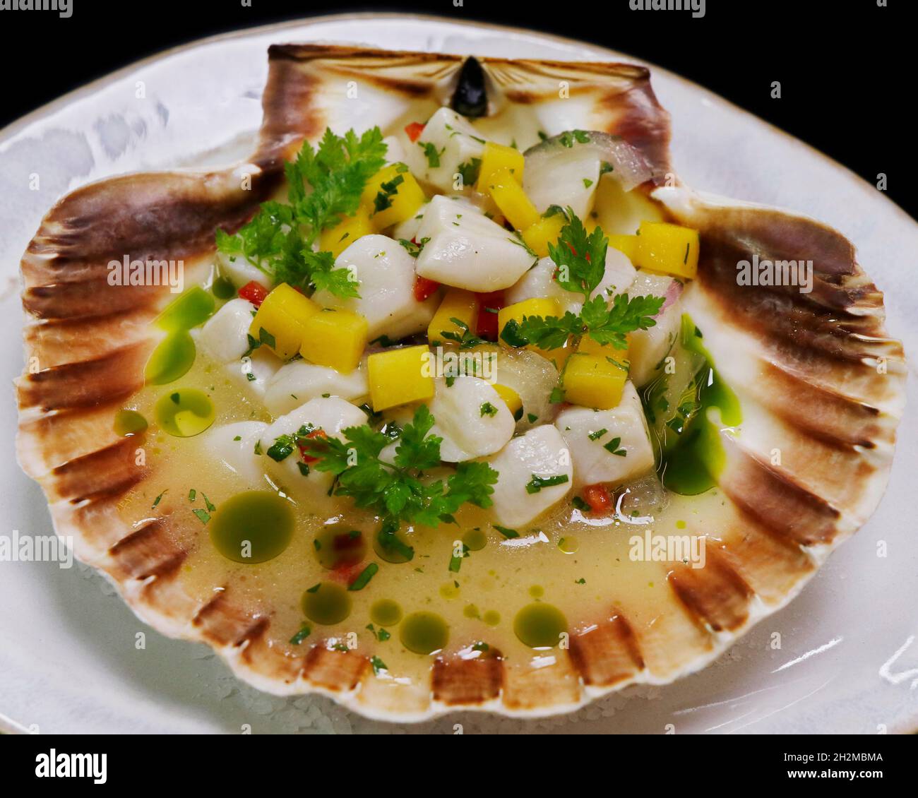 ceviche de pétoncle mariné à la truffe péruvienne, plat de fruits de mer traditionnel latino-américain Banque D'Images