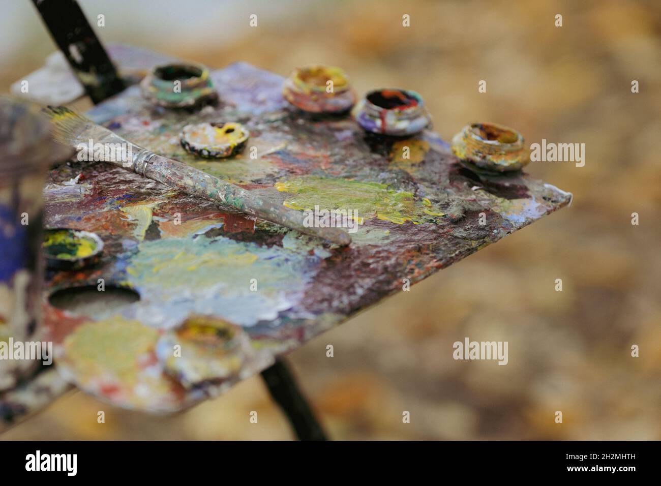 Image de faible profondeur de champ (mise au point sélective) avec une palette de couleurs de peintre tout en peignant un paysage lors d'une journée d'automne ensoleillée. Banque D'Images