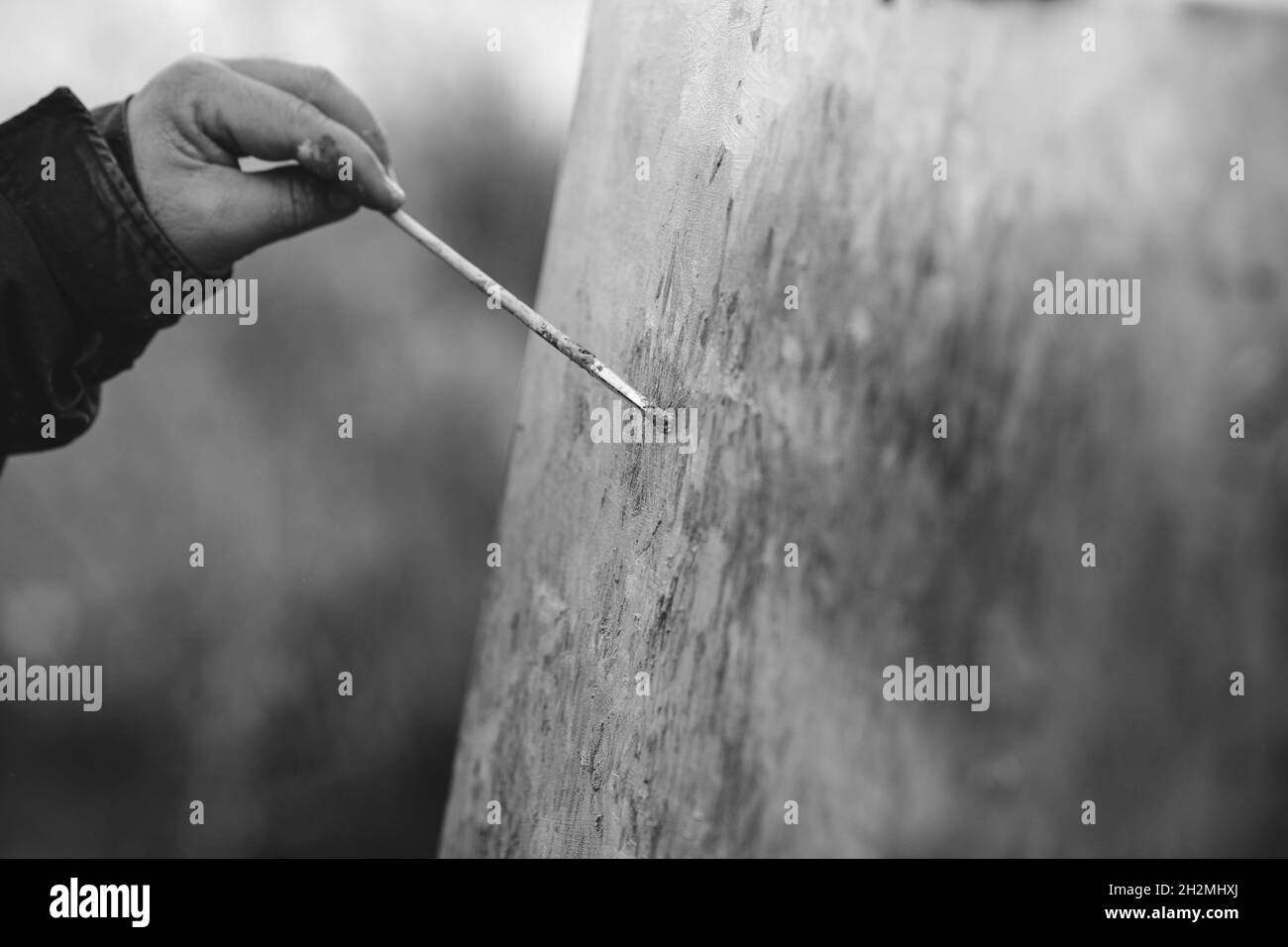 Image de faible profondeur de champ (mise au point sélective) avec un peintre mâle peint à la main un paysage lors d'une journée d'automne ensoleillée. Banque D'Images