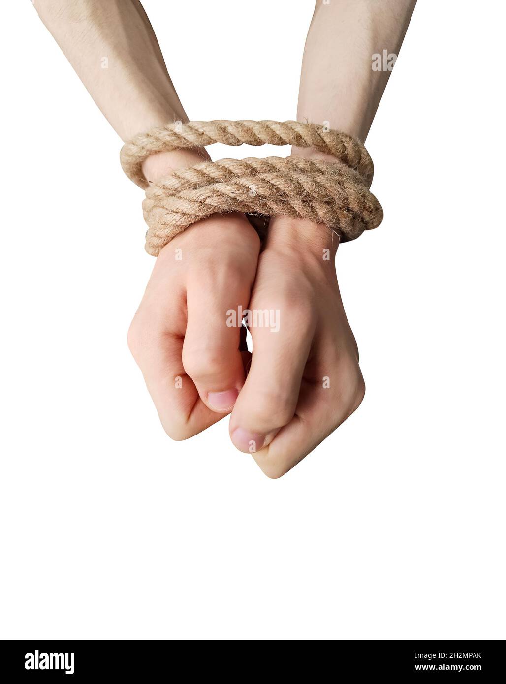 Les mains de l'adolescent sont attachées avec un cordon de corde isolé sur fond blanc Banque D'Images