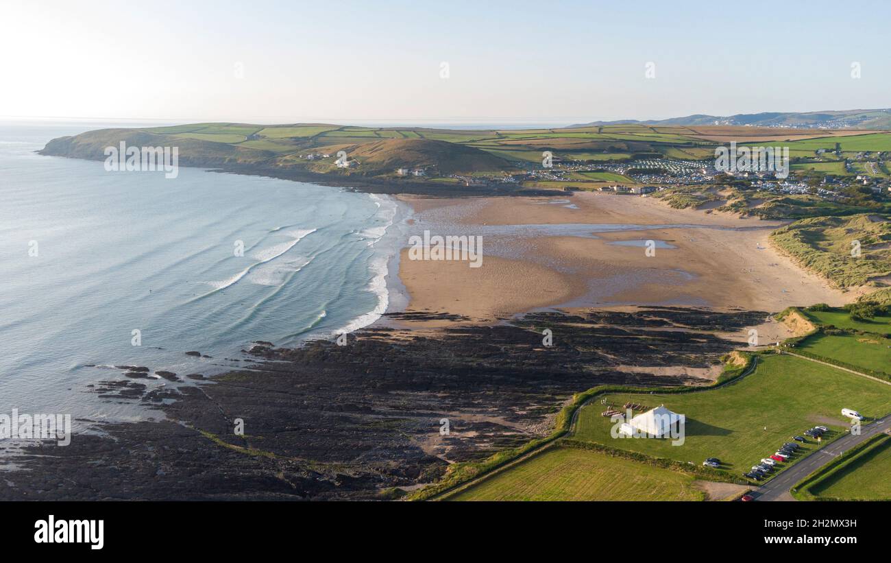 Vue aérienne de Croyde Beach - Croyde, Devon, Angleterre Banque D'Images