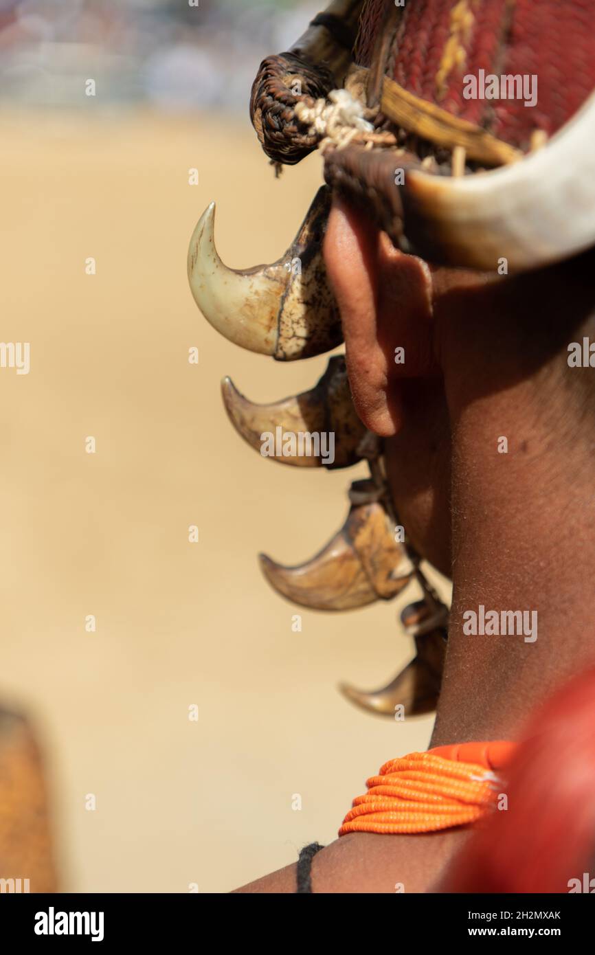 Résumé Portrait d'un tribesman naga de l'arrière vêtu d'une tenue traditionnelle de guerrier à Kohima Nagaland Inde le 4 décembre 2016 Banque D'Images