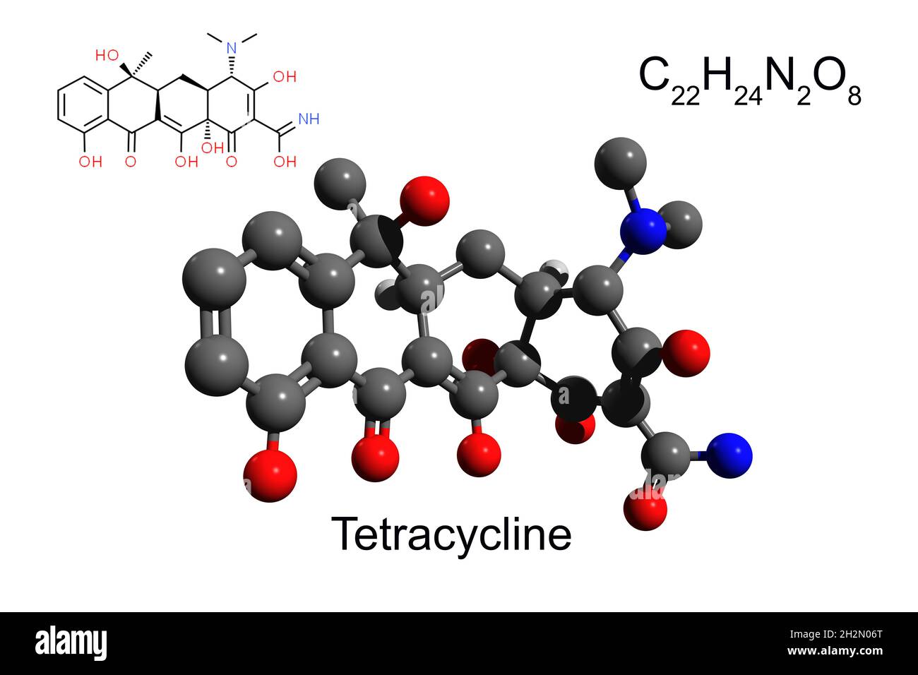 Formule chimique, formule structurale et modèle boule-et-bâton 3D de l'antibiotique tétracycline, fond blanc Banque D'Images