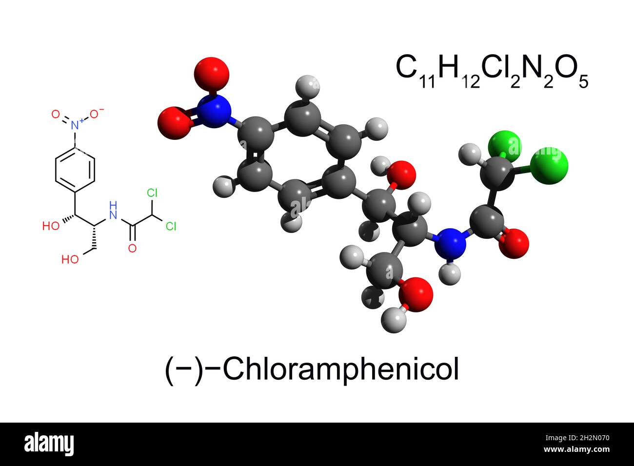 Formule chimique, formule structurale et modèle boule-et-bâton 3D de l'antibiotique chloramphénicol, fond blanc Banque D'Images