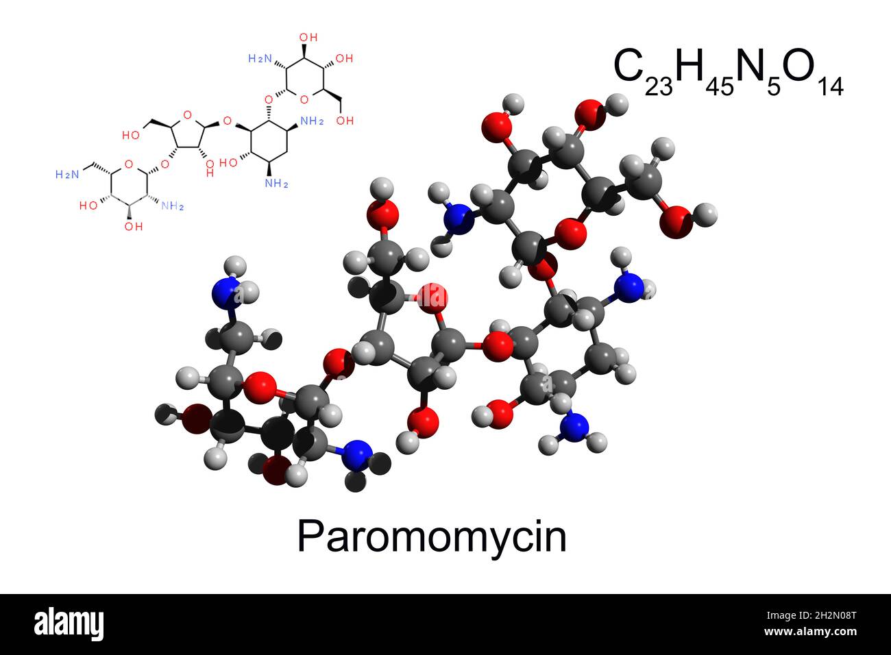 Formule chimique, formule structurale et modèle boule-et-bâton 3D de l'aminoglycoside paranomomycine antibiotique, fond blanc Banque D'Images