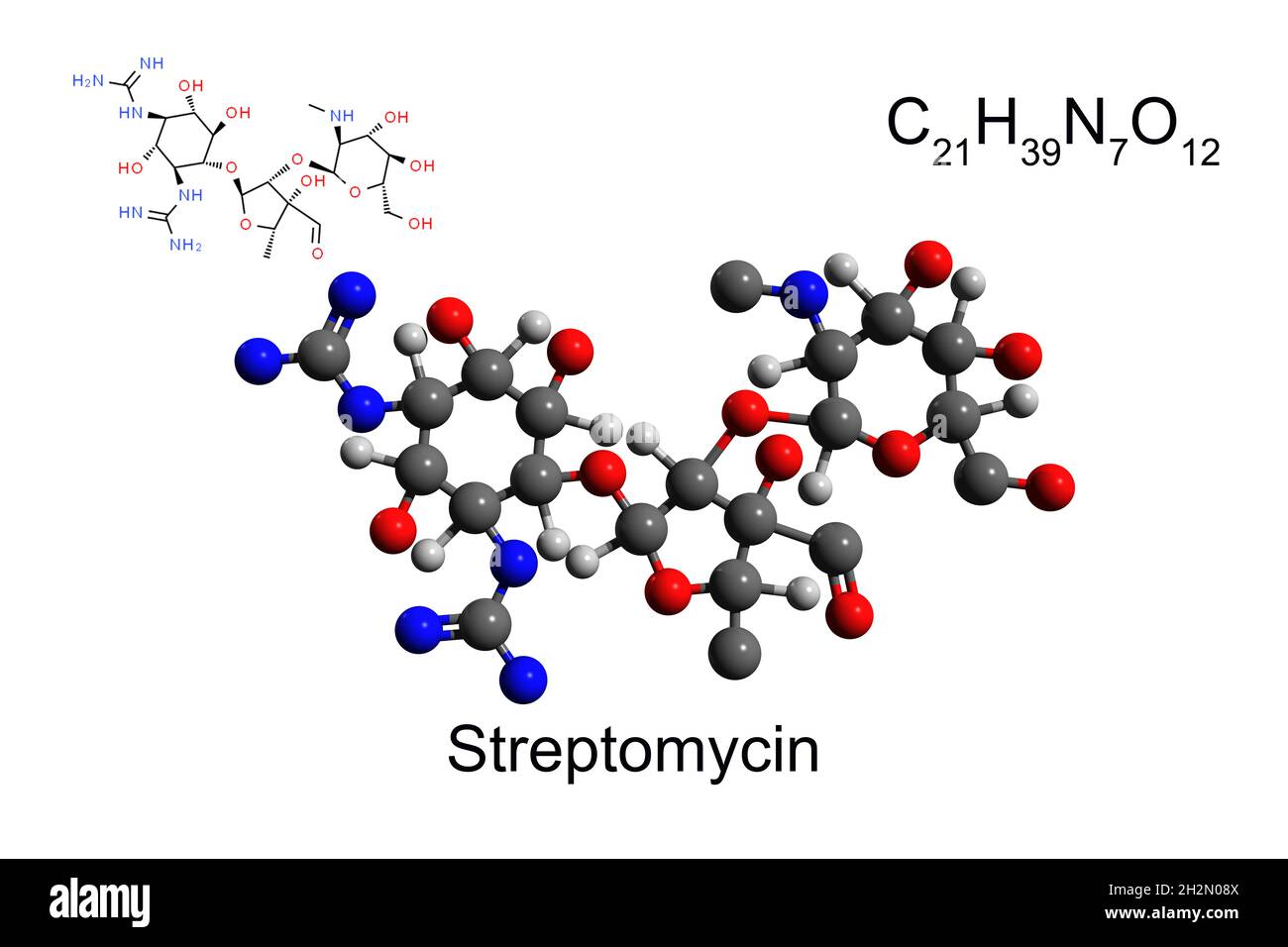 Formule chimique, formule structurale et modèle bille-bâton 2D de l'aminoglycoside antibiotique streptomycine, fond blanc Banque D'Images