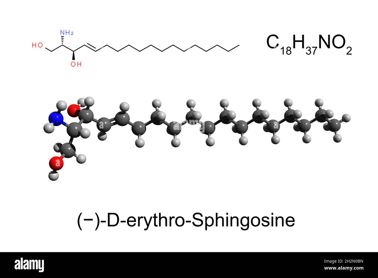 Formule chimique, formule squelettique et modèle boule-et-bâton 3D de (−)-D-érythro-Sphingosine, une composante primaire des sphingolipides, fond blanc Banque D'Images
