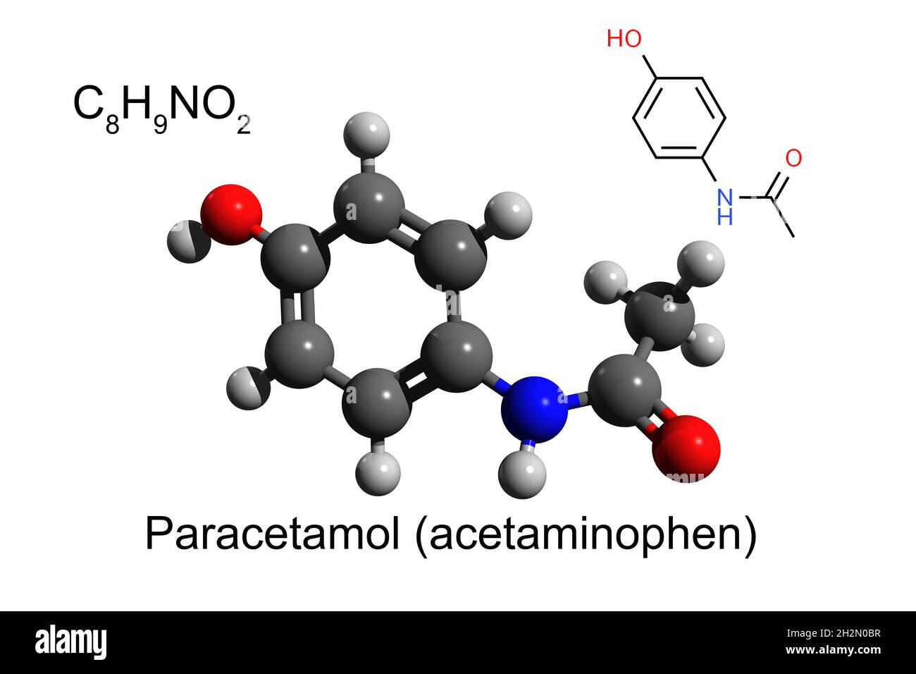 Formule chimique, formule squelettique et modèle boule-et-bâton 3D du paracétamol (acétaminophène), un médicament anti-inflammatoire non stéroïdien courant Banque D'Images