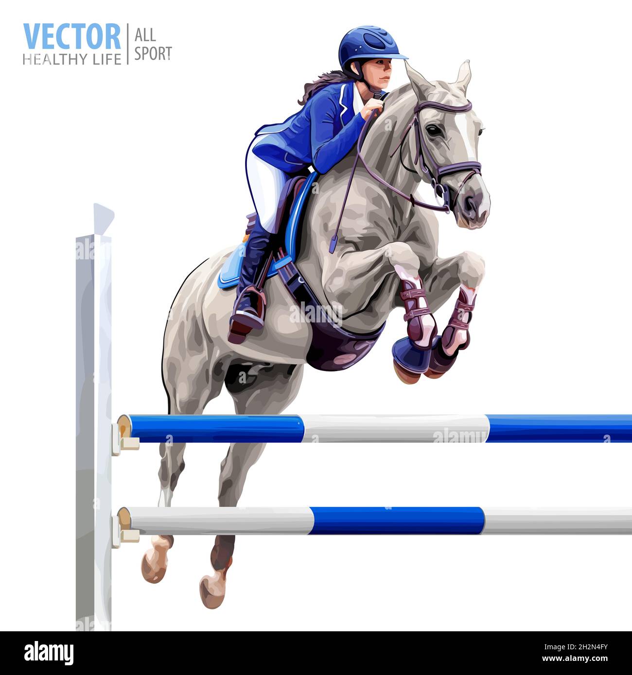 Jockey à cheval.Cheval blanc.Champion.Équitation.Sports équestres.Jockey équitation saut à cheval.Affiche.Illustration du vecteur isolé.Sport arrière Illustration de Vecteur
