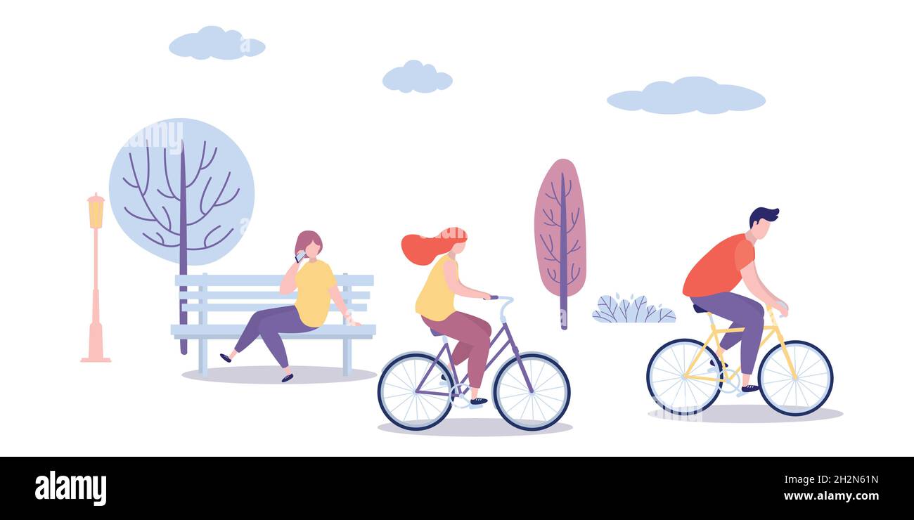 Diverses personnes dans le parc, activités de week-end, personnages masculins et féminins sur les vélos, femme assise sur le banc, illustration vectorielle de style tendance Illustration de Vecteur