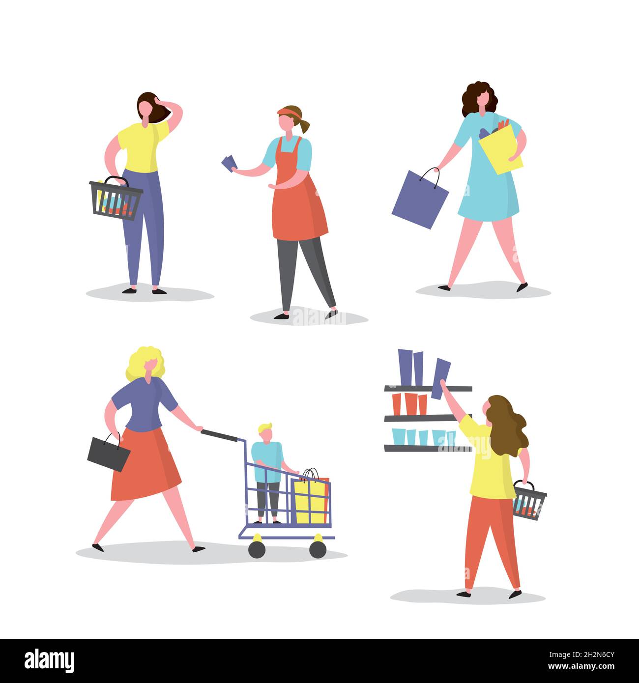 Quatre femmes acheteur et un vendeur, femmes personnages dans diverses poses avec des sacs d'achats et panier.ensemble de femmes acheteurs, isolé sur fond blanc, tendance Illustration de Vecteur