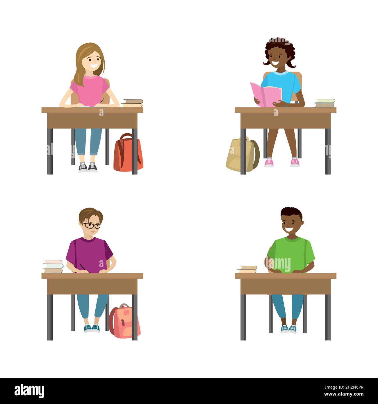 Filles et écoliers assis dans le lieu de travail vue de face, ensemble d'éducation, divers personnages masculins et féminins isolés sur fond blanc, vue plate Illustration de Vecteur