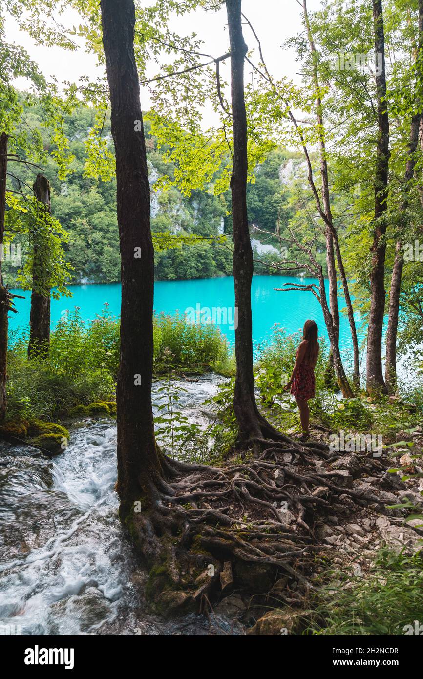 Lac turquoise dynamique dans le parc national des lacs de Plitvice Banque D'Images