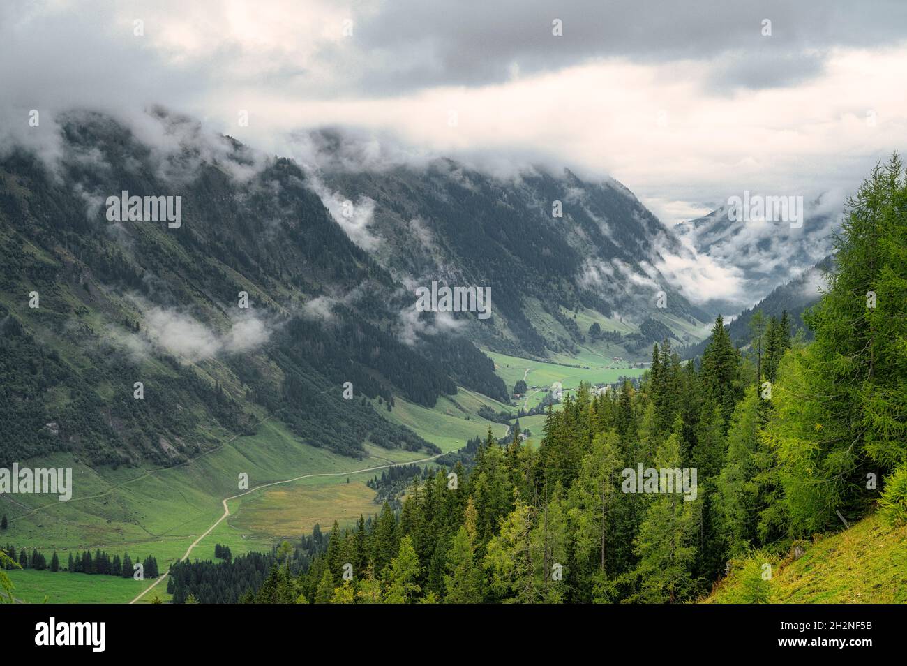 Nuages bas sur la vallée verte dans le parc national de High Tauern Banque D'Images
