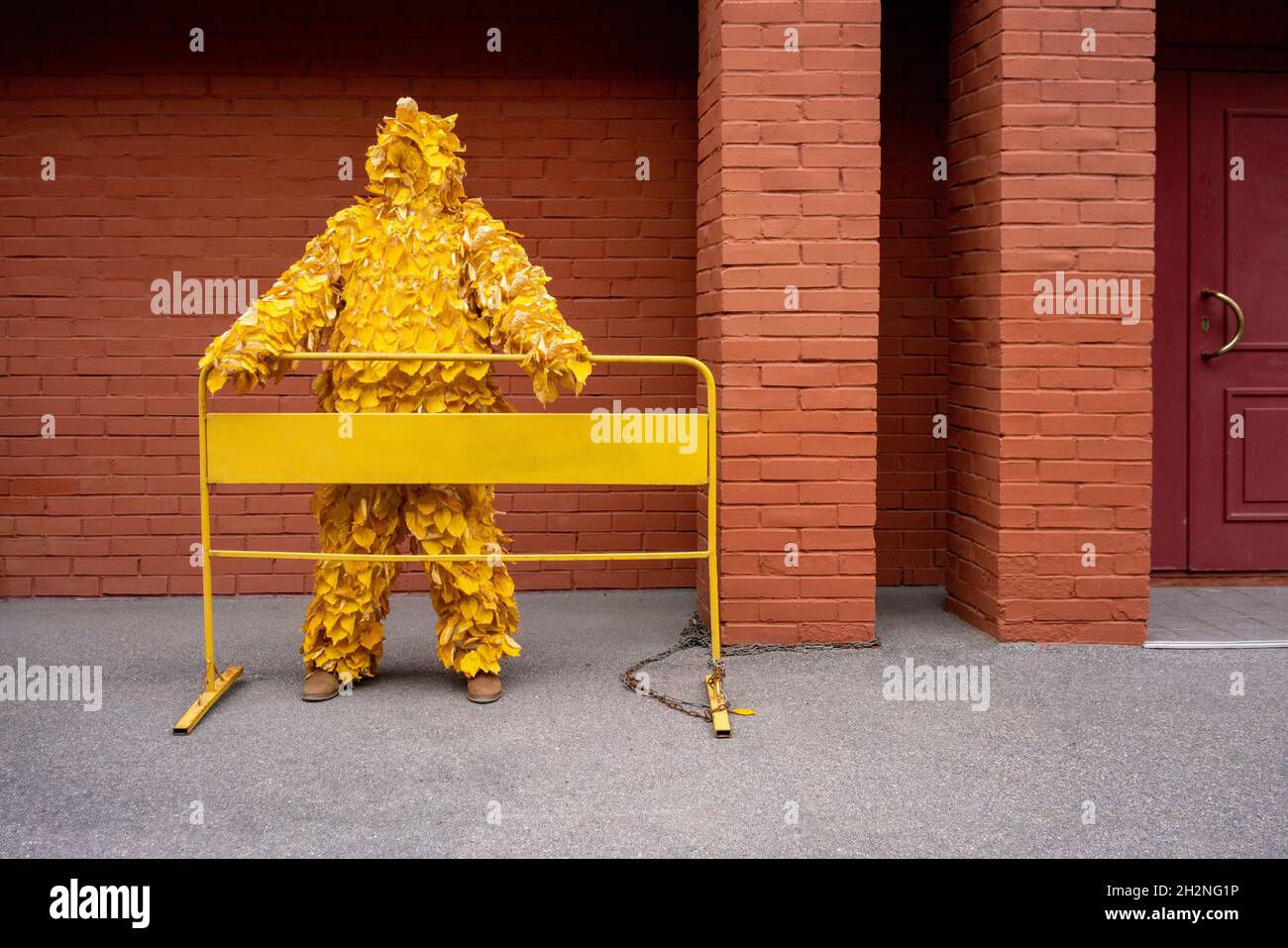 Femme portant un costume de feuilles d'automne debout derrière la barricade Banque D'Images