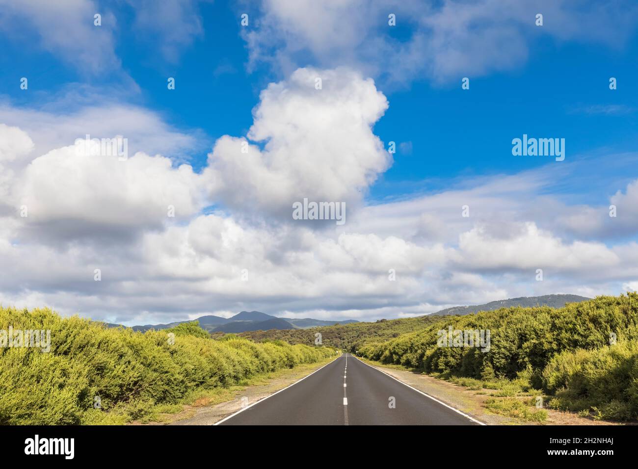Minibus longeant la route côtière en asphalte en été Banque D'Images