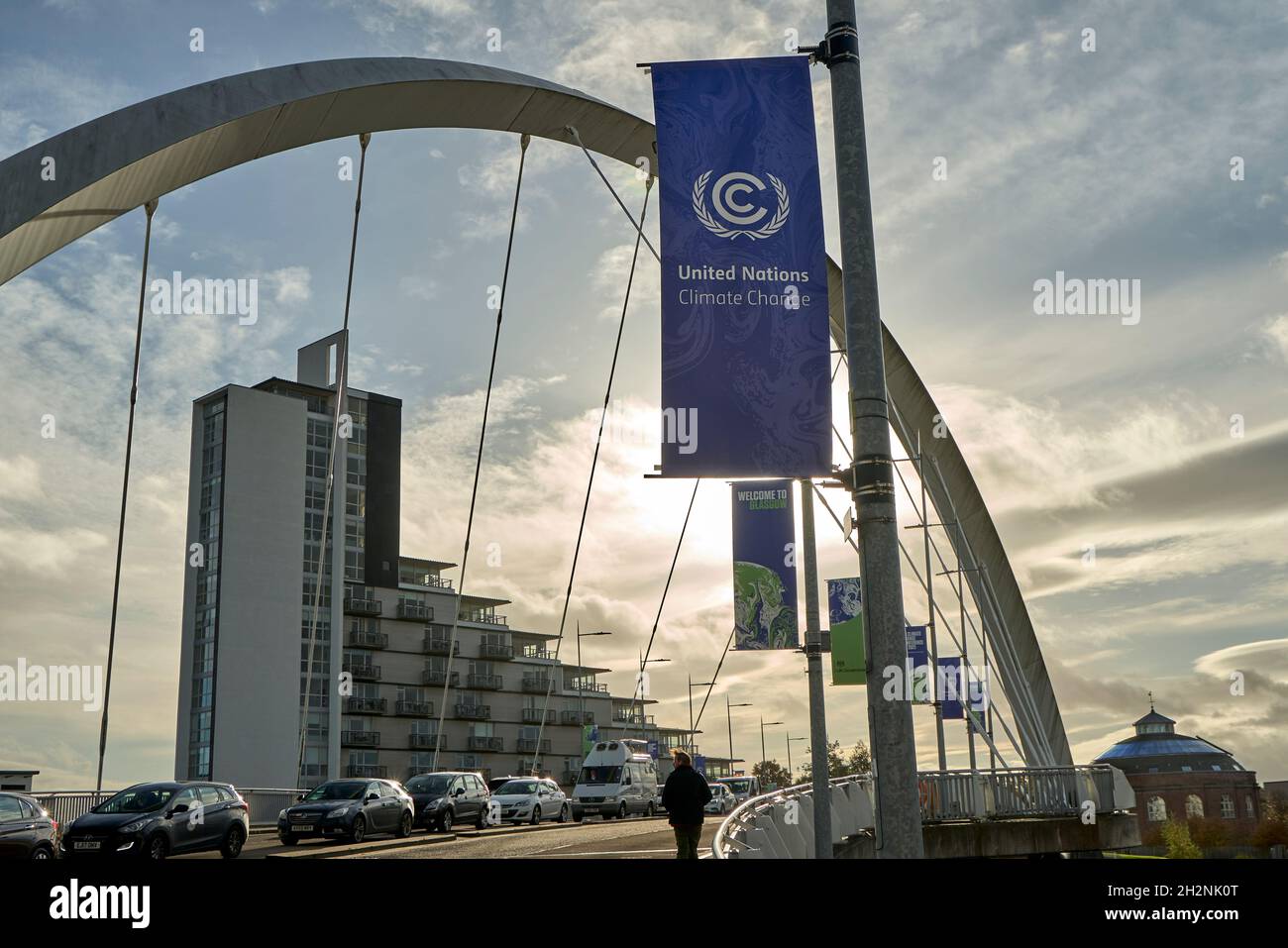 Les panneaux de la Conférence des Nations Unies sur les changements climatiques apparaissent autour de Glasgow à l'approche de la COP26 qui se tiendra en novembre 2021. Banque D'Images