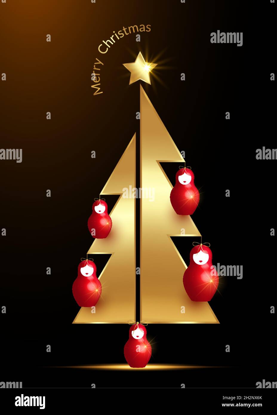 Arbre de Noël doré et étoile avec poupée russe rouge Matrioshka  ornements.Symbole de bonne année, fête de Noël.Décoration lumineuse dorée  Image Vectorielle Stock - Alamy
